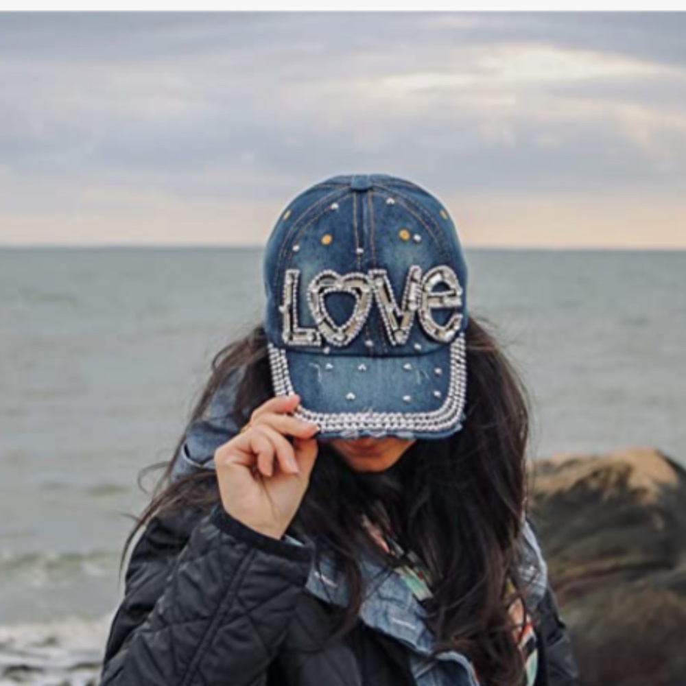 Love Embellished Distressed Denim Adjustable Bling Cap OS - Picture 2 of 3